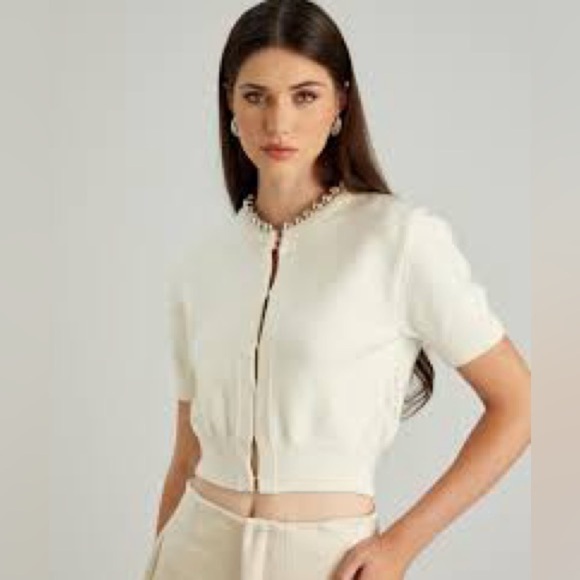 Zara Woman White Beaded Crop Knit Jacket Short Sleeve Cardigan Blazer Size Small - Picture 1 of 10